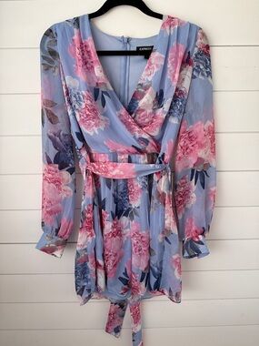 NWT - Express Light Blue and Pink Floral Wrap Romper
